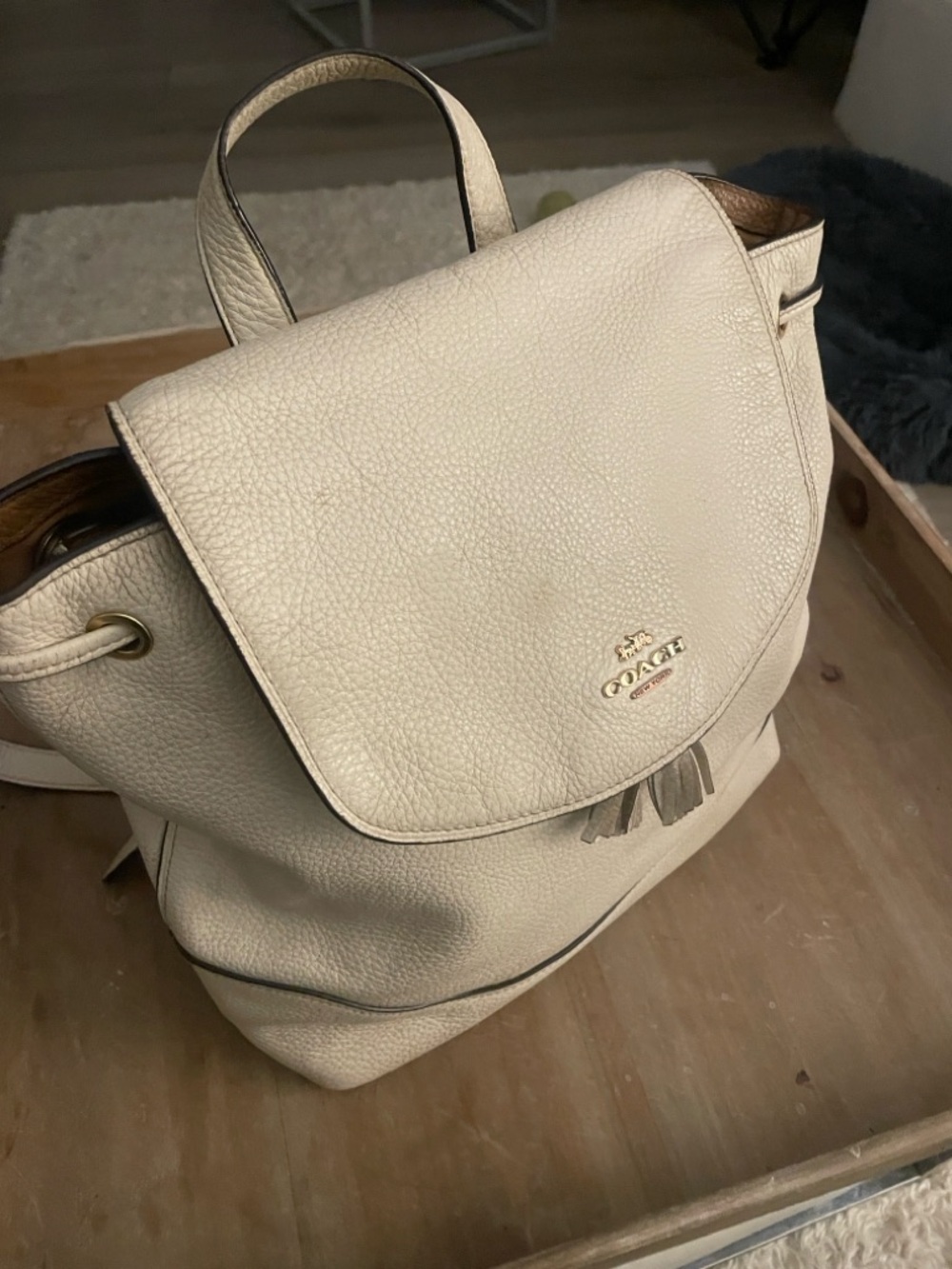 Coach Pebbled Leather Drawstring Backpack in Cream